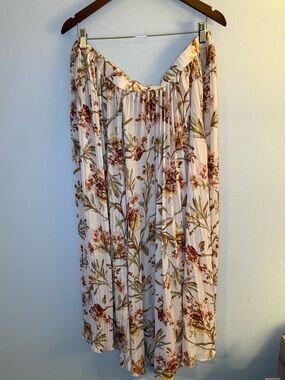 H&M Cream Floral Pleated Skirt with Olive and Rust Accents
